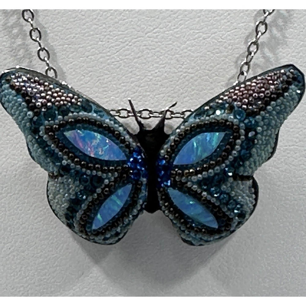 925 MEX Sterling Silver Blue Butterfly Pendant Necklace Artisan‎ Beaded